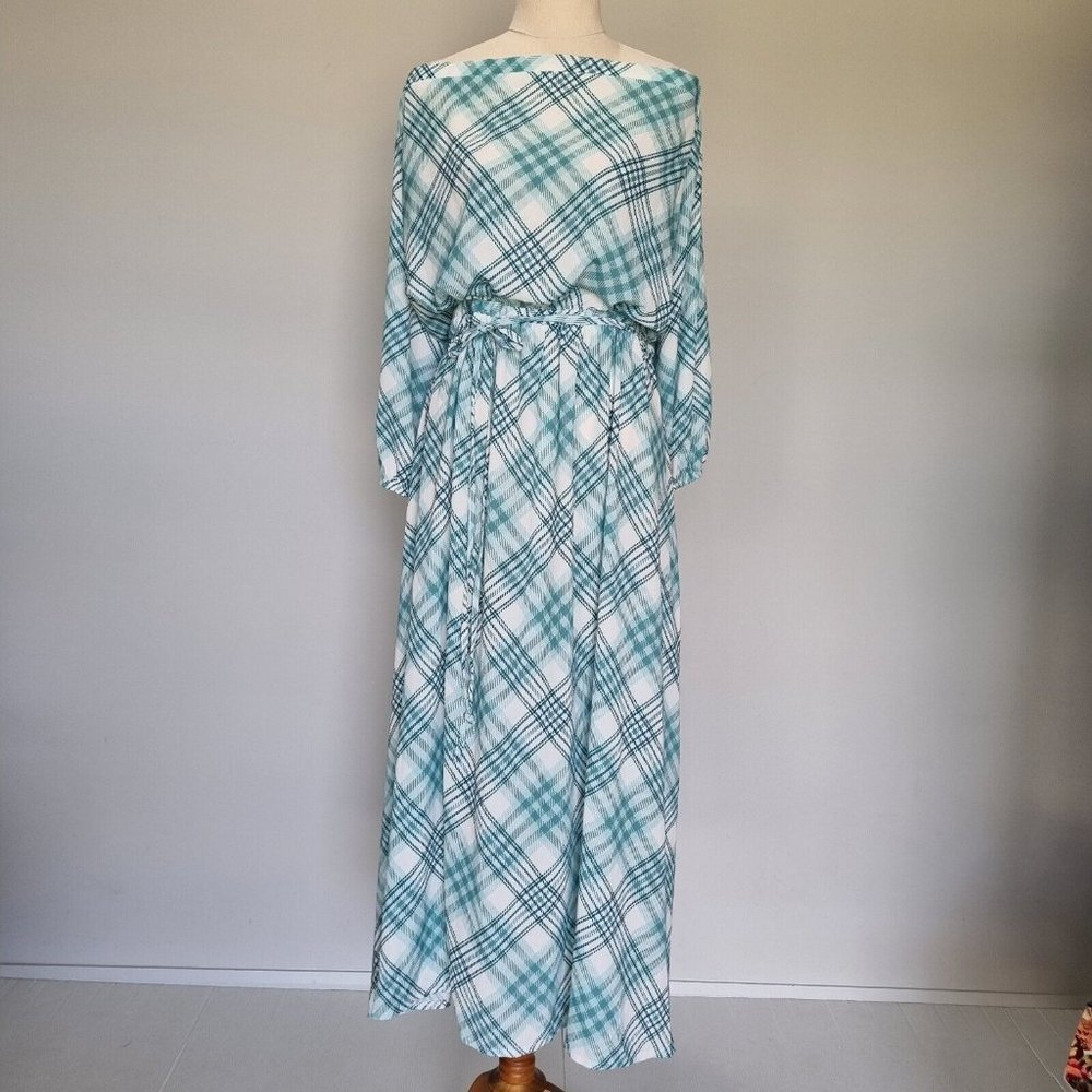 Boho Bird Birdsnest White & Green Plaid Maxi Dress with Belt Plus Size 22 - Picture 2 of 8